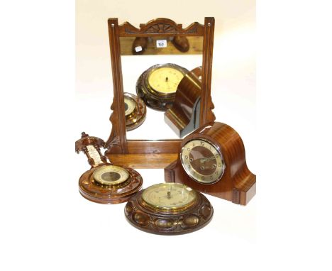 Walnut mantel clock, oak framed circular barometer, mahogany barometer/thermometer and framed wall mirror