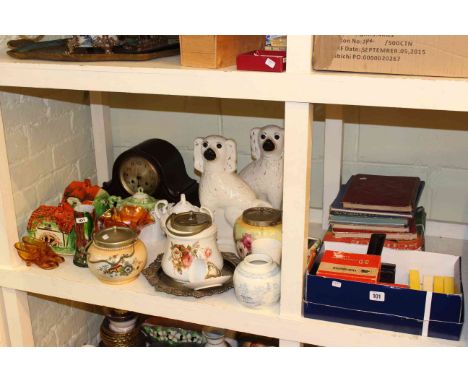 Pair Staffordshire spaniels, mantel clock, 3D View-Master and slides, biscuit barrels, children's annuals, etc