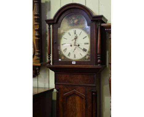 Antique mahogany eight day longcase clock having painted arched dial, signed Myers, Darlington