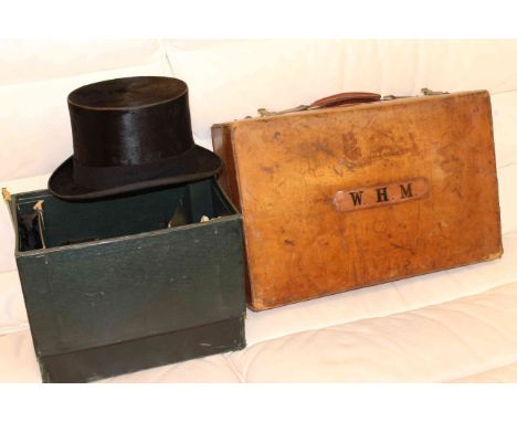 Vintage leather suitcase and vintage boxed top hat