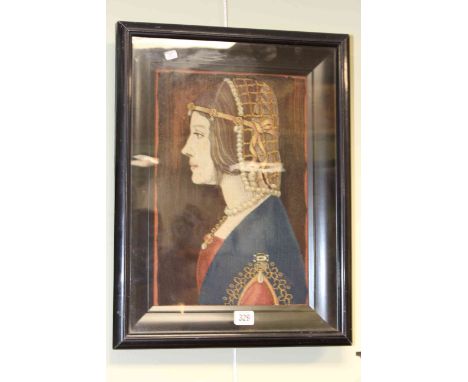 19th Century tapestry portrait in ebonised glazed frame with inscription verso