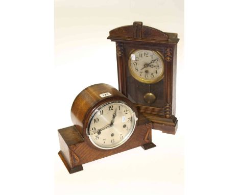 Late 19th Century stained beech shelf clock and an oak three-train mantel clock (2)