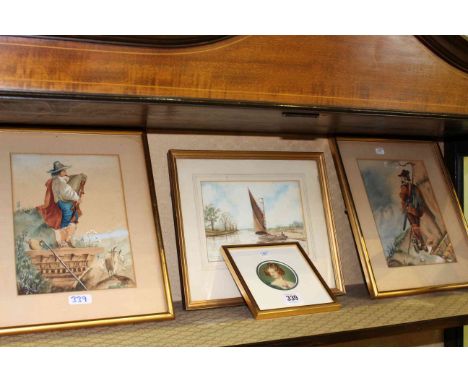 Three framed watercolours and portrait miniature (4)