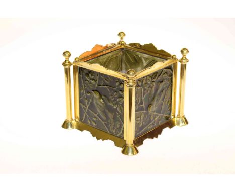 Brass four pillar planter each side having bird and floral design pottery tiles
