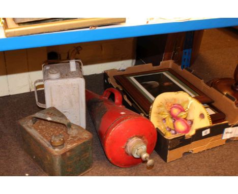 Vintage fire extinguisher, two fuel cans, two Aynsley plates and Star Wars photographs