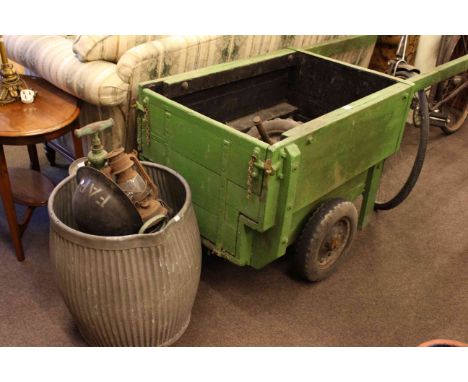 Vintage wooden wheelbarrow, zinc wash bin and contents