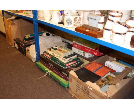 Vintage games, jigsaws, model vehicles, signed N.U.F.C. football, box of furs, ephemera, etc