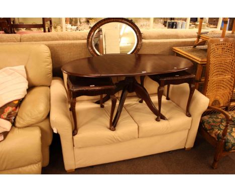 Convertible sofa bed, bergere panel back occasional chair, three coffee tables and oval mirror (6)