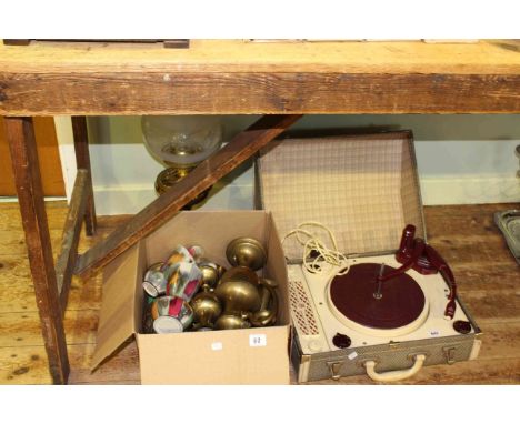 Vintage Regentone portable record table, brass oil lamp and brassware, two West German vases and jug