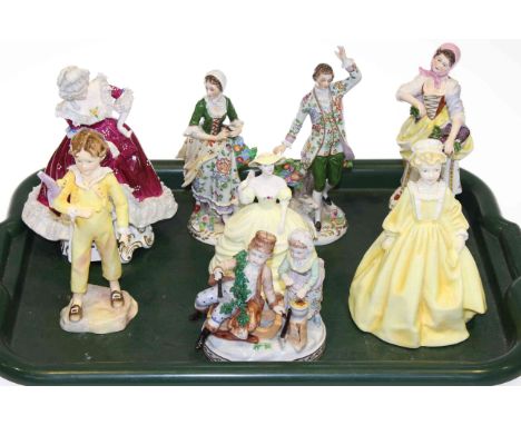 Royal Worcester figure 'Grandmother's Dress'; Dresden figure group, pair of Sitzendorf figures, etc