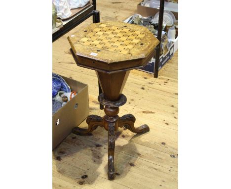 Victorian inlaid walnut octagonal sewing/games table on pedestal tripod base