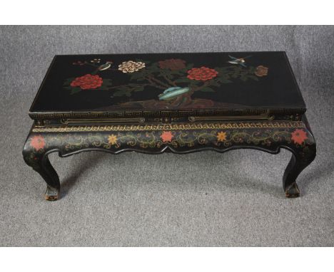 Coffee table, vintage lacquered Chinese with allover hand painted decoration. H.42 W.106 D.55cm. 