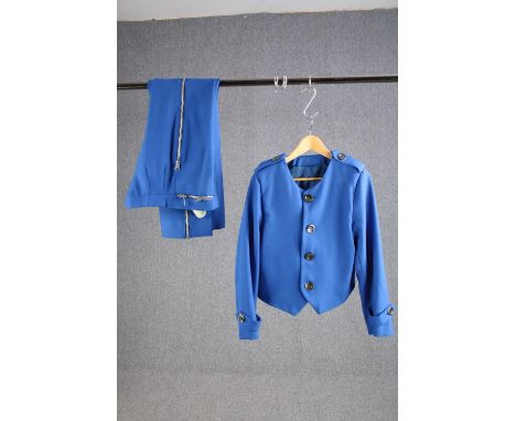 A vintage bespoke made blue two piece suit with mother of pearl buttons and flared bottoms, (to fit chest 38'' and waist 32''