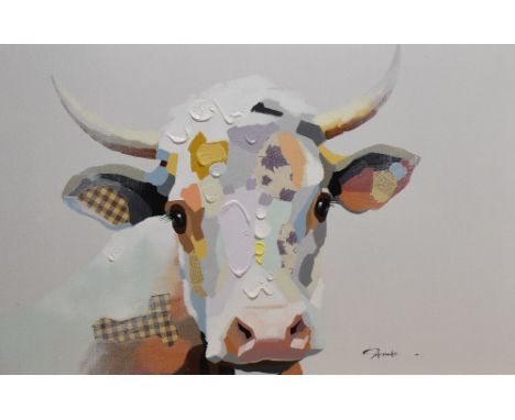 Artist unknown, mixed media, a stylised portrait of a cow, signed indistinctly lower right with molded metallic look frame. 6