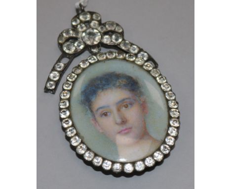 An Edwardian oil on ivory miniature, portrait of a lady, in a Georgian paste set silver frame, 4.5 x 4cm