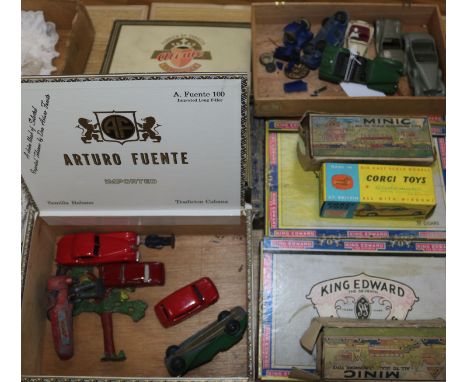 A collection of toy model cars including Tootsietoys