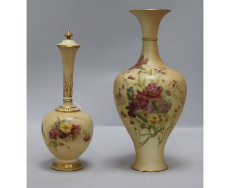 A Royal Worcester blush ivory inverted pyriform vase and a similar long-necked vase and cover