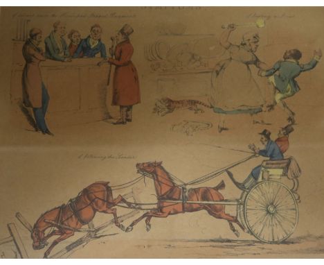 A pair of comical hunting prints and a Victorian sampler, largest 20 x 24cm