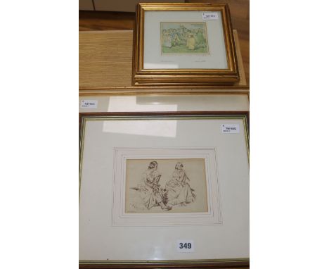 A watercolour of Cap Ferrat, a sanguine print after Russell Flint and a set of four small prints after Caldecott, largest 22 