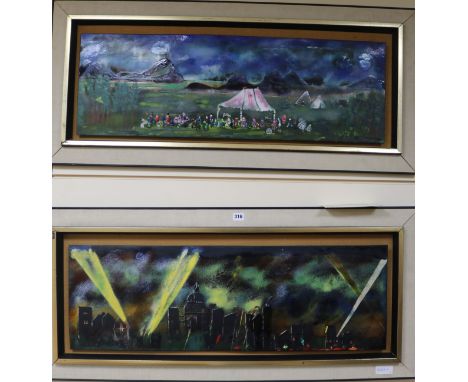Two large enamel on copper plaques "The Blitz near St Paul's with Searchlights" and "A Country Fair with Marquee & Procession