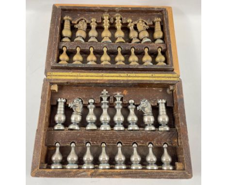 UNUSUAL! A VINTAGE wooden cased brass and white metal CHESS SET, within two layers of the box. Some of the white metal pieces