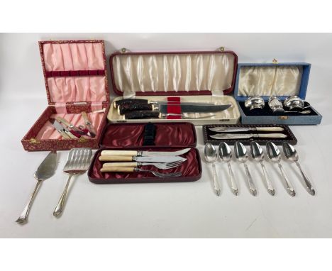 A collection of mainly VINTAGE EPNS presentation boxes of tea spoons, fish knives, cake serving slice, butter knives, a nice 