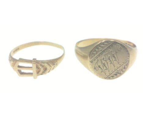 A small buckle ring 375 stamped yellow gold 1.45g ring size R , also a gents signet ring 375 stamped initialed MM ring size T