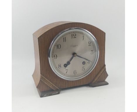 Wooden mantle clock by James Walker LTD London with brushed steel face, GARRARD movement, pendulum and keyW: 24cm approx D: 1