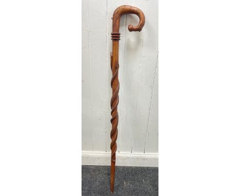 UNUSUAL! A beautiful vintage HANDMADE walking stick with three carved serpents or snakes twisting up the shaft of the walking