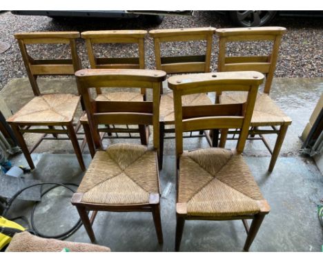 A set of six VINTAGE PRIEST CHAIRS with raffia seat padsApprox 6 pieces