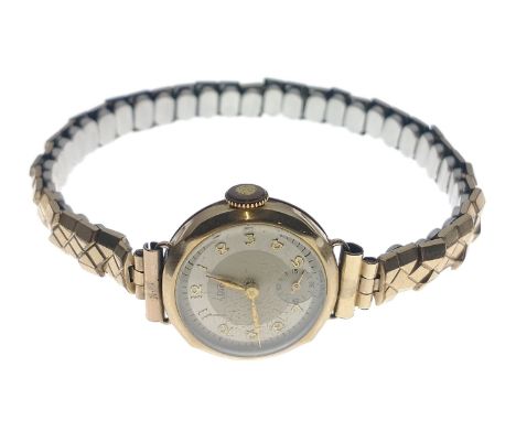 A vintage JNO ladies 375 gold stamped cased yellow gold wrist watch with a rolled gold expanding bracelet - gross weight 18g 