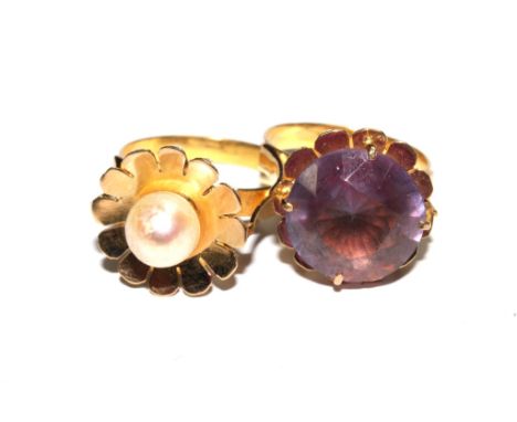 Two gold dress rings, one set in pearl and one set in amethyst
