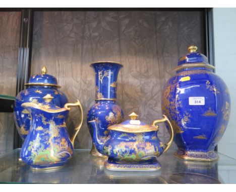 Two Carltonware ginger jars and covers in powder blue with Chinoserie designs, largest 34cm high, similar vase, a teapot and 