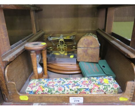 A Victorian burr walnut and brass bound stationery box, with domed lid, 16.5cm wide, a solitaire board and marbles, various R