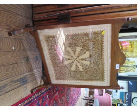 A chevron banded and inlaid mahogany fire screen, with silk embroidered panel to the front and Chinese silk panel to the back