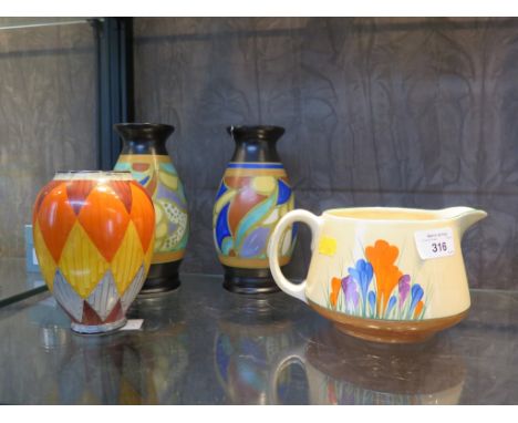 A Crown Devon Fieldings vase, with diamond pattern in orange, yellow and gray 14cm high, a Bizarre by Clarice Cliff Crocus pa