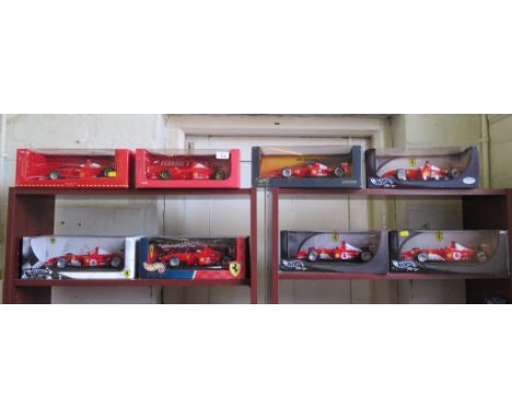 Ferrari 1/18 scale diecast models: two Pauls Model Art and six Mattel Hot Wheels Racing series in window boxes (8)