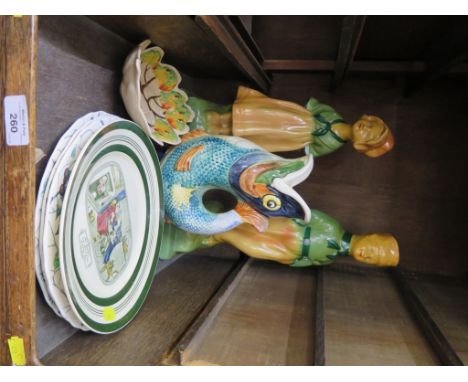 A Carltonware Tree pattern dish, an Adams plate, three Meakin Bourbon Lily plates, a fish vase and a pair of figures
