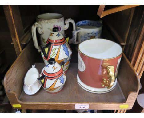 Two Old Ellgreave Pottery lightening pattern lidded pots, signed by Lorna Bailey, a Dresden tyg with floral sprays, an Aynsle