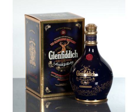 GLENFIDDICH ANCIENT RESERVE 18 YEAR OLD 
Single Speyside malt whisky in blue ceramic decanter. 700ml, 43% volume, in carton. 