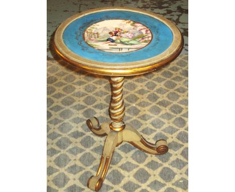 OCCASIONAL TABLE, 19th century French parcel gilt with inset circular Sèvres style porcelain plaque and tripod support, 60cm 
