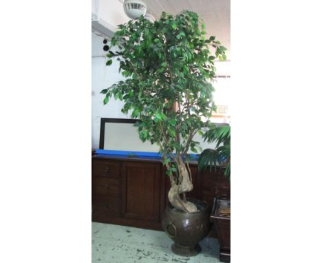 ORIENTAL COPPER PLANTER, with large brass round tree handles with a fake weeping fig, 63cm H x 52cm. 