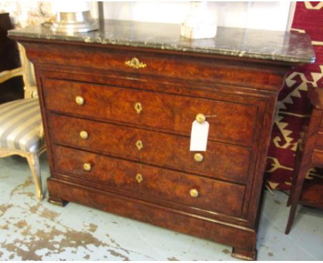 COMMODE, 19th century French Louis Philippe burr walnut with five long drawers and variegated grey marble top, 127cm W x 57cm