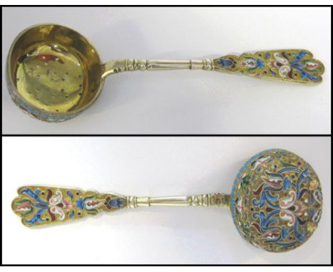 RUSSIAN SIFTER SPOON, silver, with profuse colourful enamel detail, silver gilt bowl, 15.25cm L. 