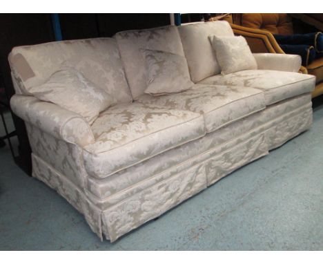 SOFA, three seater, in cream damask, 91cm drop x 84cm H x 190cm W. 