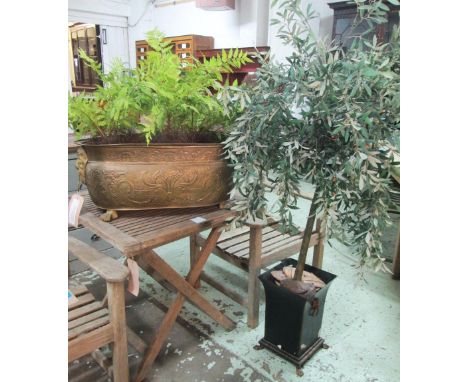 PLANTER, oval embossed brass on lion paw supports (one lacking) with a fake fern planter, 73cm x 43cm x 31cm H and another pl