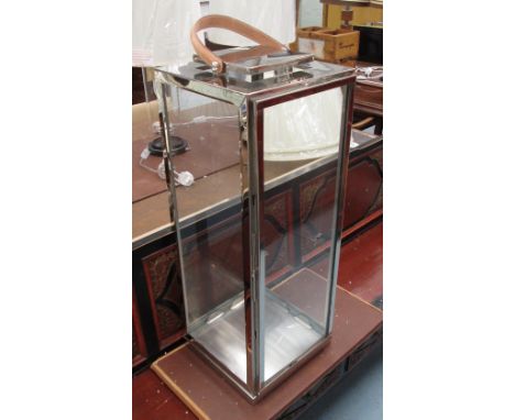 STORM LANTERN, large of square proportions, with leather strap, 30cm x 30cm x 80cm H.