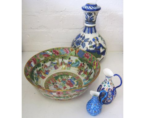 CANTONESE BOWL, 26cm diam. (with faults); an Isnik ceramic bottle vase, 26cm H; and two small Isnik style ewers. (4) 