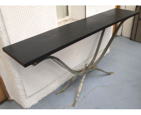 CONSOLE TABLE, with a limestone top on nickel plate base, 185cm W x 91cm H. 