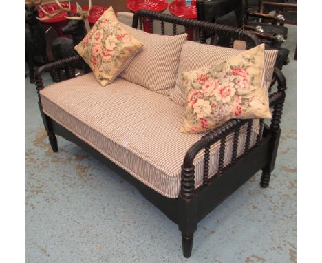 SOFA, colonial style, bobbin turned showframe with distressed finish and striped cushion seat, 135cm x 80cm x 100cm H. 